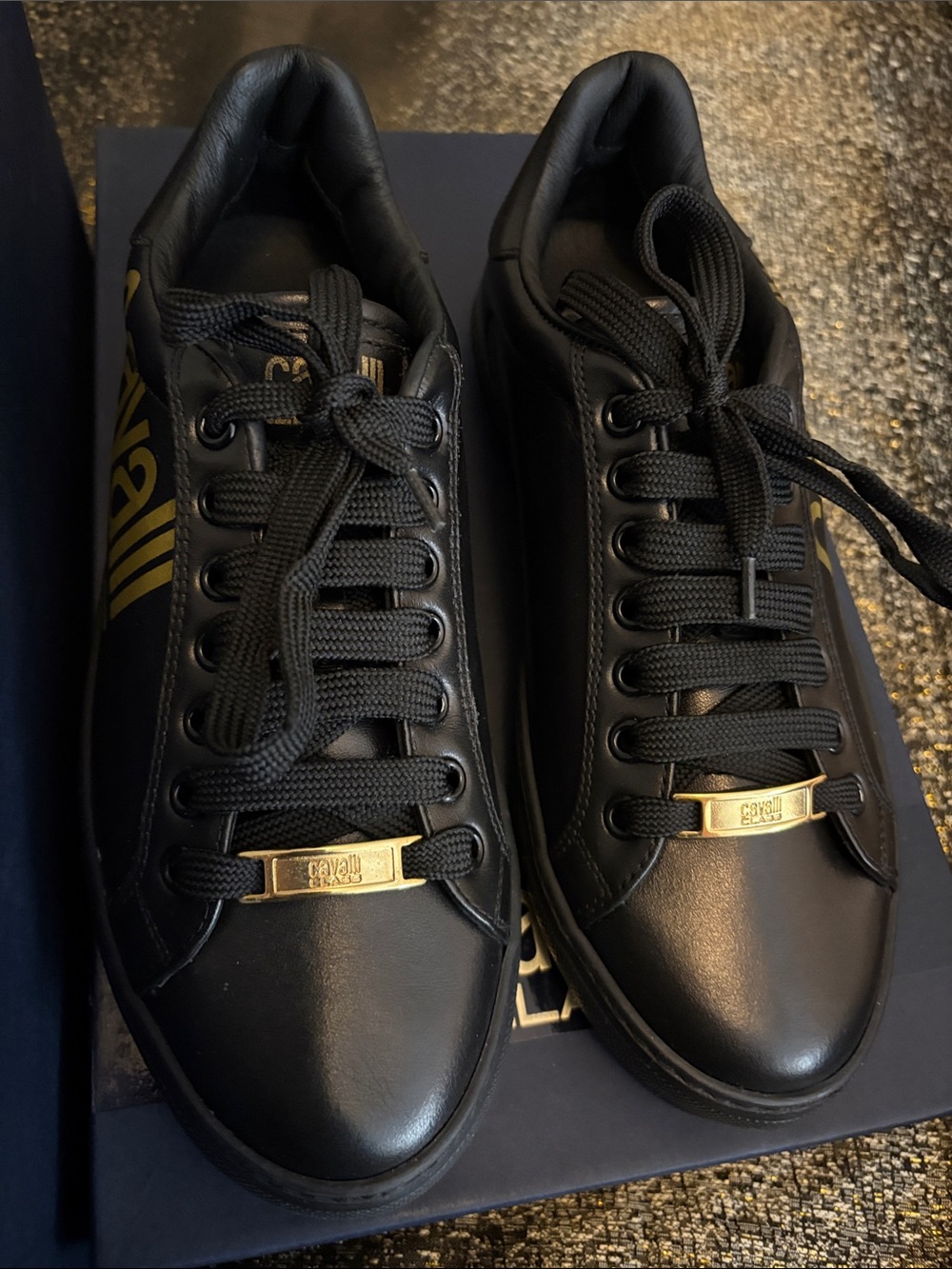 Cavalli Class Black Leather Lace-Up Sneakers with Gold Accents